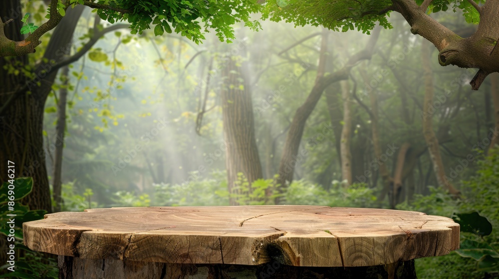 E-commerce Background with Wooden Stump Product Display Podium in Forest Setting E-commerce Background with Wooden Stump Product Display Podium in Forest Setting