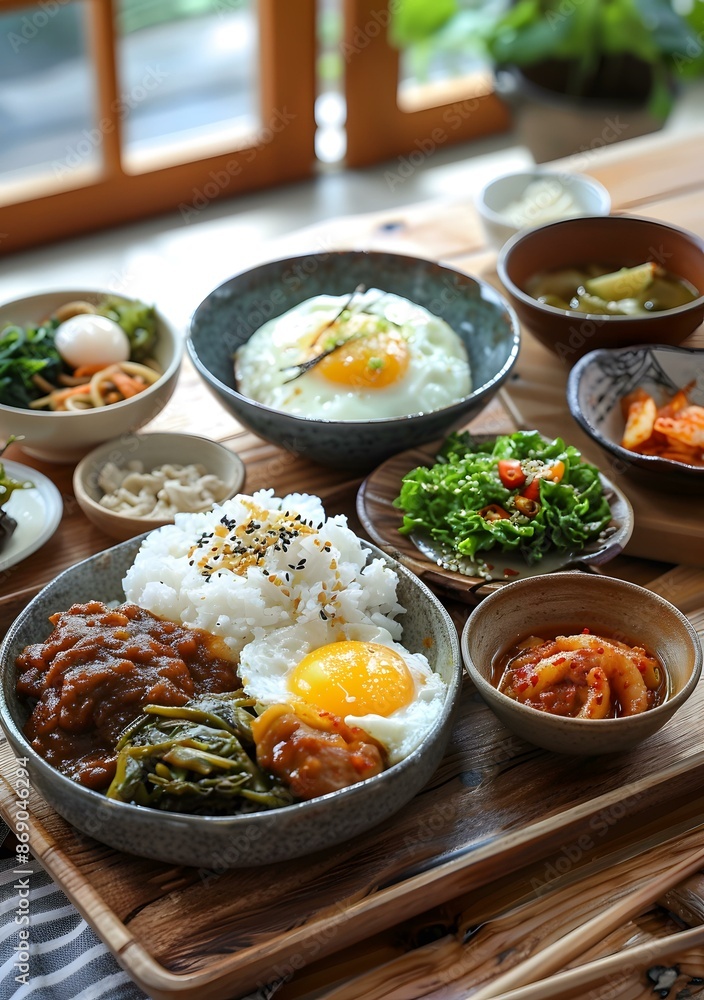 A delicious and healthy breakfast with a variety of side dishes A delicious and healthy breakfast with a variety of side dishes