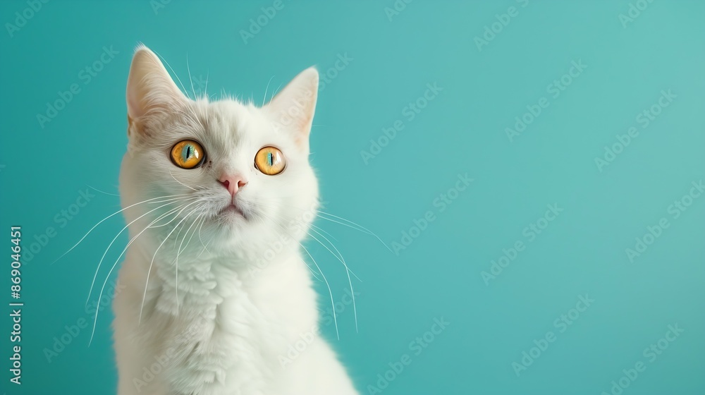 Fototapeta premium Close up of cute white british cat on a blue wide background : Generative AI