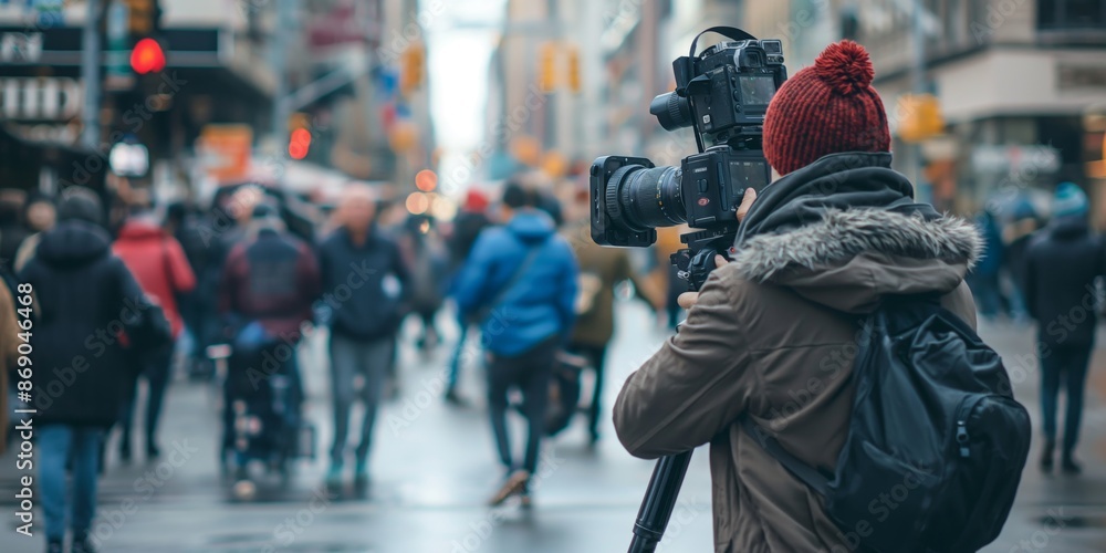 Fototapeta premium A professional camera operator wearing a red beanie and a coat focuses on capturing footage amidst a busy urban street environment, highlighting the essence of city life.