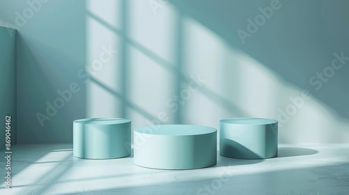 Three round podiums in mint mambo tones on an empty background, perfect for minimalist product presentation. Ideal for showcasing beauty, fashion, or lifestyle items in a clean, modern setting. photo