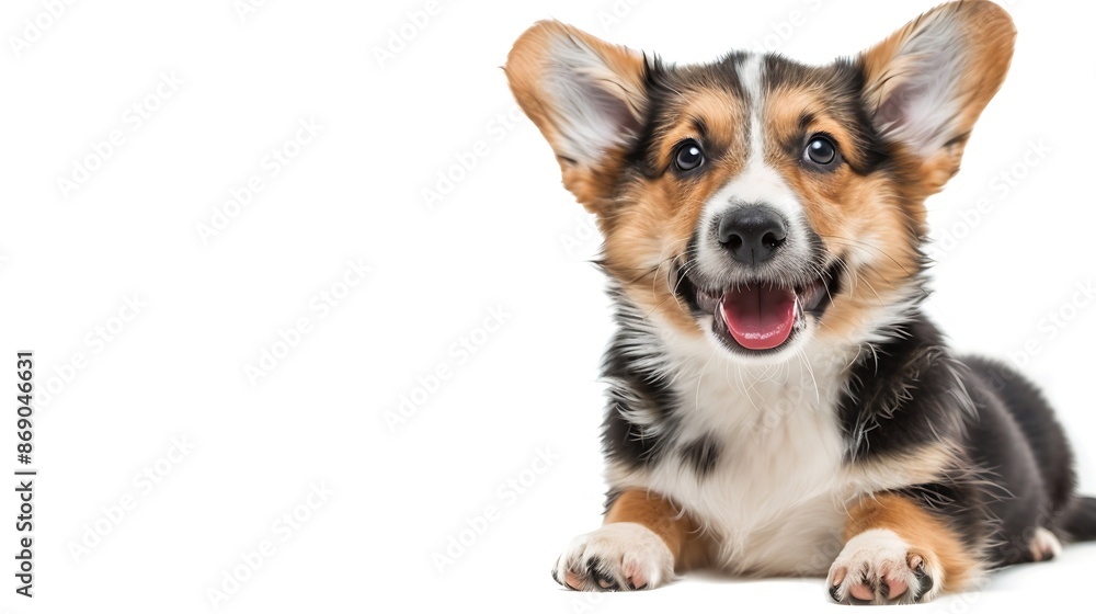 happy Puppy Welsh Corgi 14 Weeks old dog winking panting and sitting isolated on white : Generative AI happy Puppy Welsh Corgi 14 Weeks old dog winking panting and sitting isolated on white : Generative AI