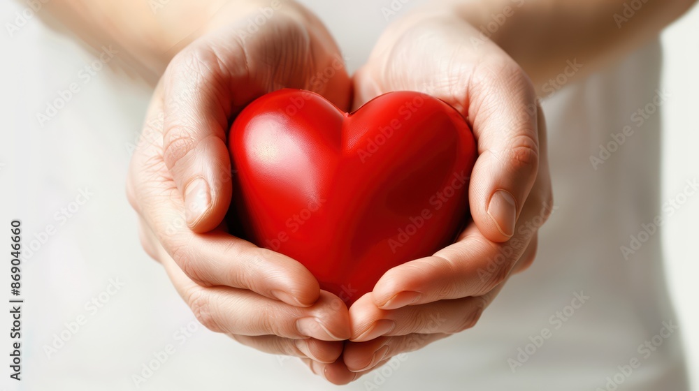 Obraz premium A heart symbol with hands gently holding it, promoting cardiac care