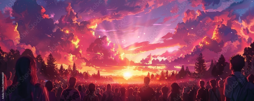 Obraz premium A vibrant sunset with colorful clouds over a silhouetted forest.