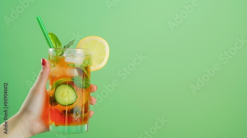 Hand holding glass with refreshing sweet and sour cocktail with lien and cucumber taste against green background Concept of alcohol and nonalcohol drink party holidays Poster Copy spac : Generative AI photo