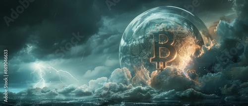 A stormy sky with a lightning strike and a Bitcoin symbol embedded in a planet.