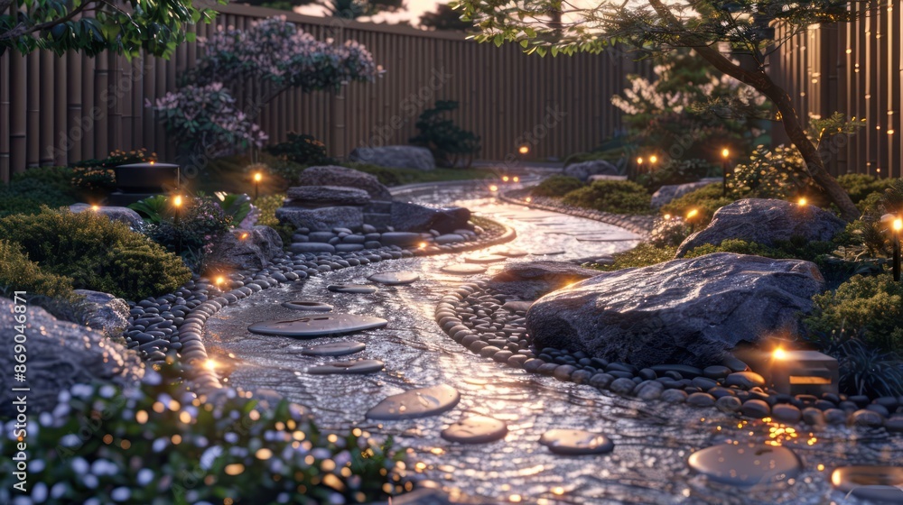 Fototapeta premium A garden path with a stream of water and rocks
