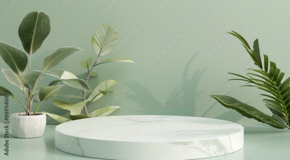 3D Rendering of Tropical Plant Mockup Podium on Green Pastel Background 3D Rendering of Tropical Plant Mockup Podium on Green Pastel Background