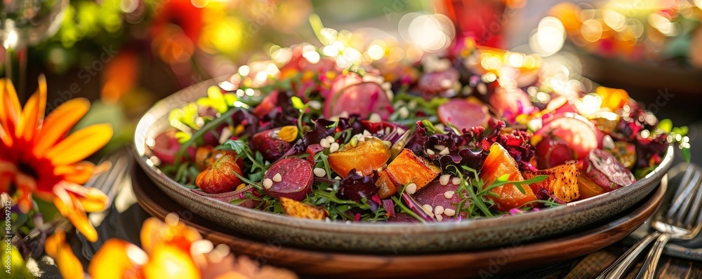 Close-up of colorful salad with greens, roasted vegetables and cheese in a rustic bowl. Close-up of colorful salad with greens, roasted vegetables and cheese in a rustic bowl.