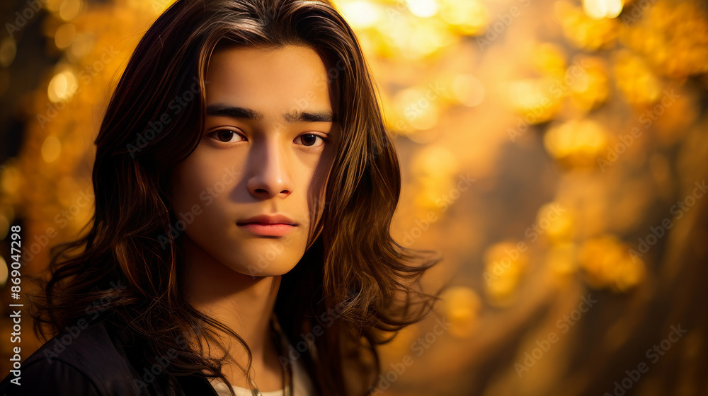 Portrait of a cute handsome happy Asian teenager guy with long hair and perfect skin, golden background, banner. Portrait of a cute handsome happy Asian teenager guy with long hair and perfect skin, golden background, banner.