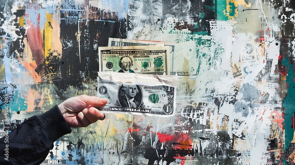 Fototapeta premium Contemporary art collage Conceptual image with human hand holding money cheque Financial business support Concept of business career development success creativity money : Generative AI
