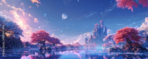 Fantasy landscape with a castle, trees, and a blue sky.