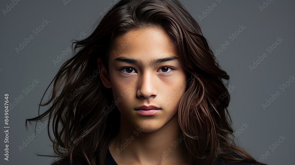Naklejka premium Portrait of a cute handsome happy Asian teenager guy with long hair and perfect skin, gray background, banner.