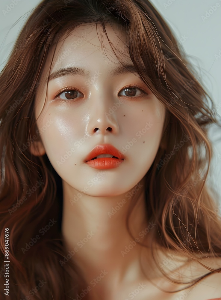portrait of a young woman with long brown hair and orange lipstick portrait of a young woman with long brown hair and orange lipstick