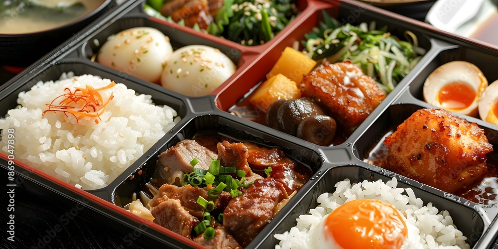 Close Up of Japanese Bento Box with White Rice, Meat, and Eggs Close Up of Japanese Bento Box with White Rice, Meat, and Eggs