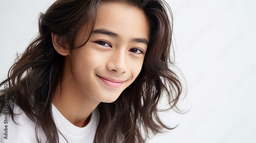 Portrait of a cute handsome happy Asian teenager guy with long hair and perfect skin, white background, banner. Portrait of a cute handsome happy Asian teenager guy with long hair and perfect skin, white background, banner.