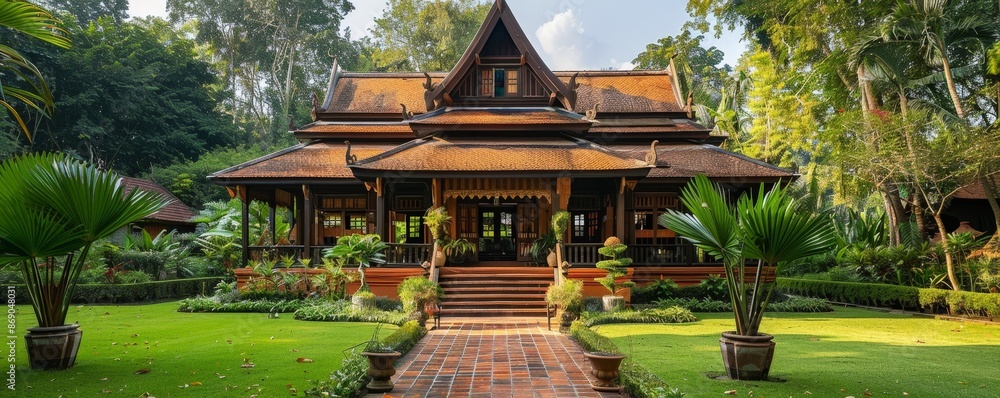 Traditional wooden house with lush green garden. Traditional wooden house with lush green garden.