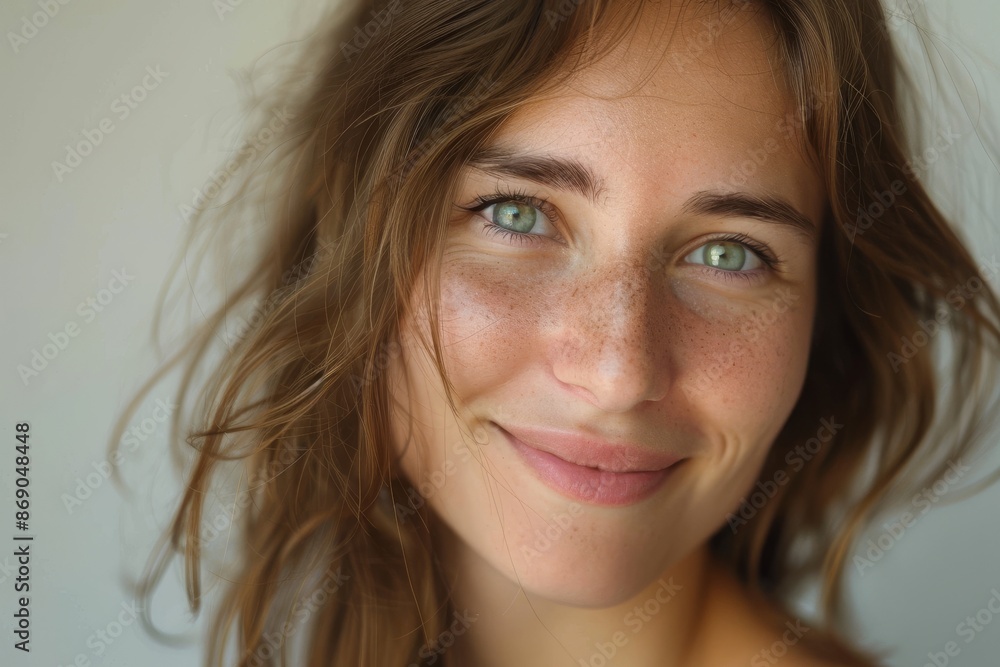 Portrait of happy authentic young woman without makeup smiling at camera