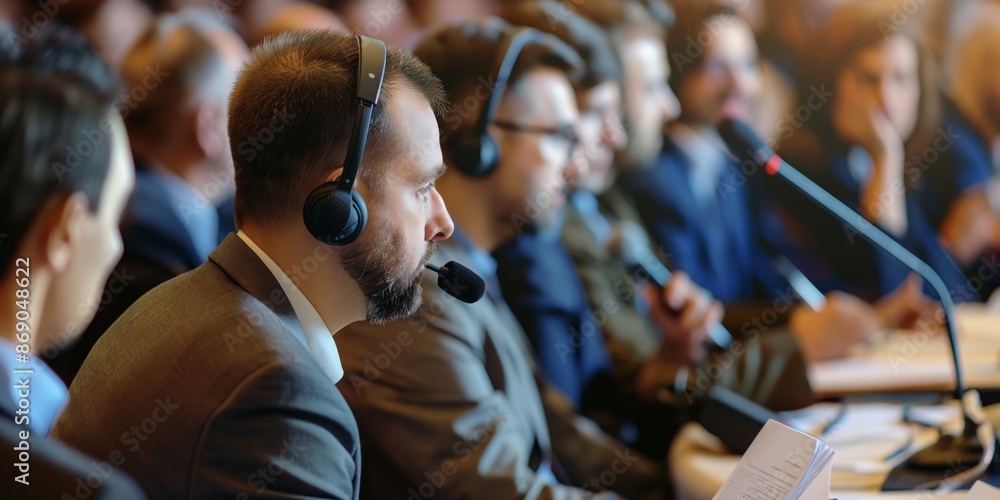 A formal meeting where participants use headsets and microphones to communicate, emphasizing discussion and exchange of ideas in a professional setting. A formal meeting where participants use headsets and microphones to communicate, emphasizing discussion and exchange of ideas in a professional setting.