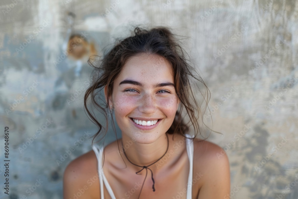 Portrait of happy authentic young woman without makeup smiling at camera Portrait of happy authentic young woman without makeup smiling at camera