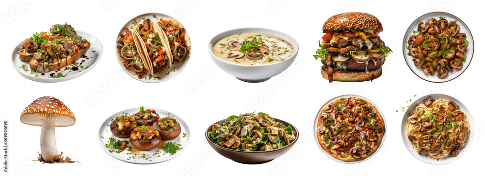 Set of mushroom and its dishes: toast, tacos, soup, burger, sauteed, stuffed, salad, pizza, pasta. Gourmet food photography. Set of mushroom and its dishes: toast, tacos, soup, burger, sauteed, stuffed, salad, pizza, pasta. Gourmet food photography.