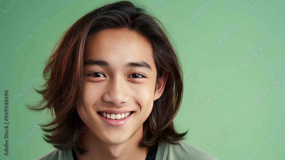 Portrait of a cute handsome happy Asian teenager guy with long hair and perfect skin, light green background, banner. Portrait of a cute handsome happy Asian teenager guy with long hair and perfect skin, light green background, banner.
