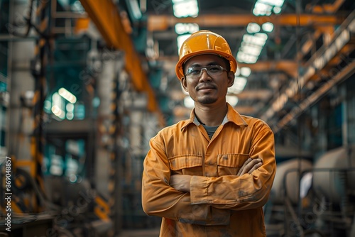 Portrait of a male factory worker wearing a hard hat and safety glasses