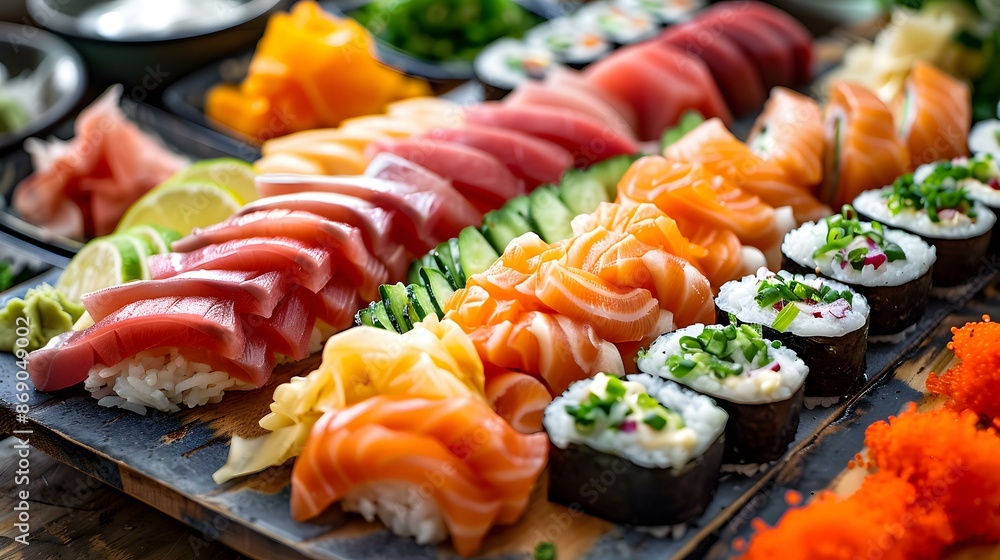 Assortment of Sushi Rolls and Sashimi on a Wooden Platter Assortment of Sushi Rolls and Sashimi on a Wooden Platter