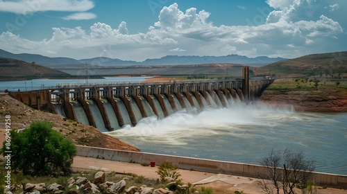 The second largest dam in South Africa the Vanderkloof Dam overflowing It is in the Orange River on the border between the Free State and Northern Cape Provinces : Generative AI photo