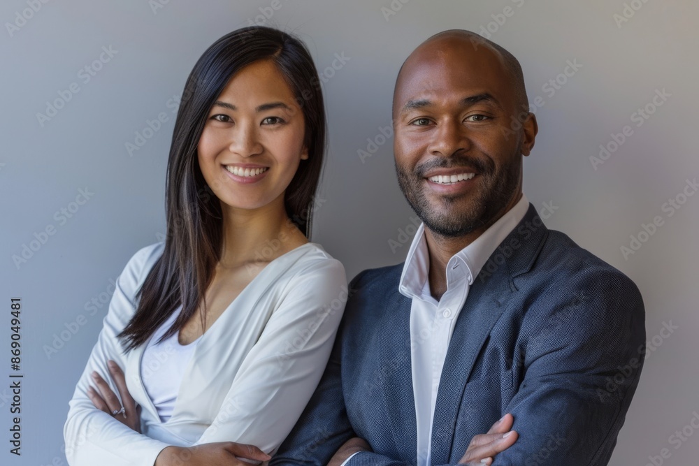 Portrait of happy multi ethnic business couple posing with arms crossed Portrait of happy multi ethnic business couple posing with arms crossed