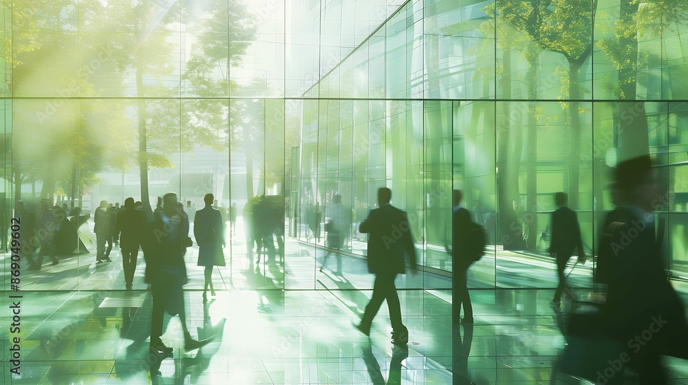 Bright photo of people walking in the interior of a green glass building with trees and sunlight shining through it, blurry silhouettes of many businesspeople going to work, soft light, natural colors Bright photo of people walking in the interior of a green glass building with trees and sunlight shining through it, blurry silhouettes of many businesspeople going to work, soft light, natural colors