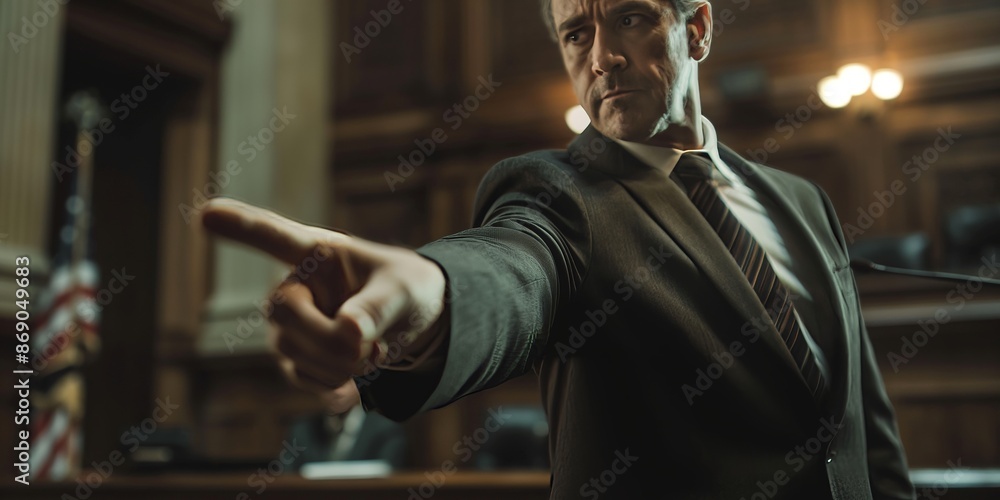 A lawyer in a courtroom points dramatically as part of a legal argument ...