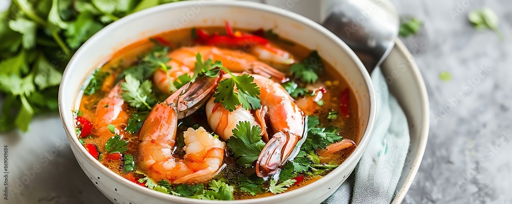 Tom yum with shrimp, fresh herbs, spicy Thai soup, traditional flavors, aromatic broth, colorful ingredients, authentic Thai dish, vibrant presentation Tom yum with shrimp, fresh herbs, spicy Thai soup, traditional flavors, aromatic broth, colorful ingredients, authentic Thai dish, vibrant presentation