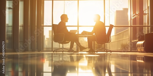 Two business professionals engage in a discussion and negotiation while seated at a table in a contemporary office, with sunlight streaming through large windows highlighting their silhouettes.