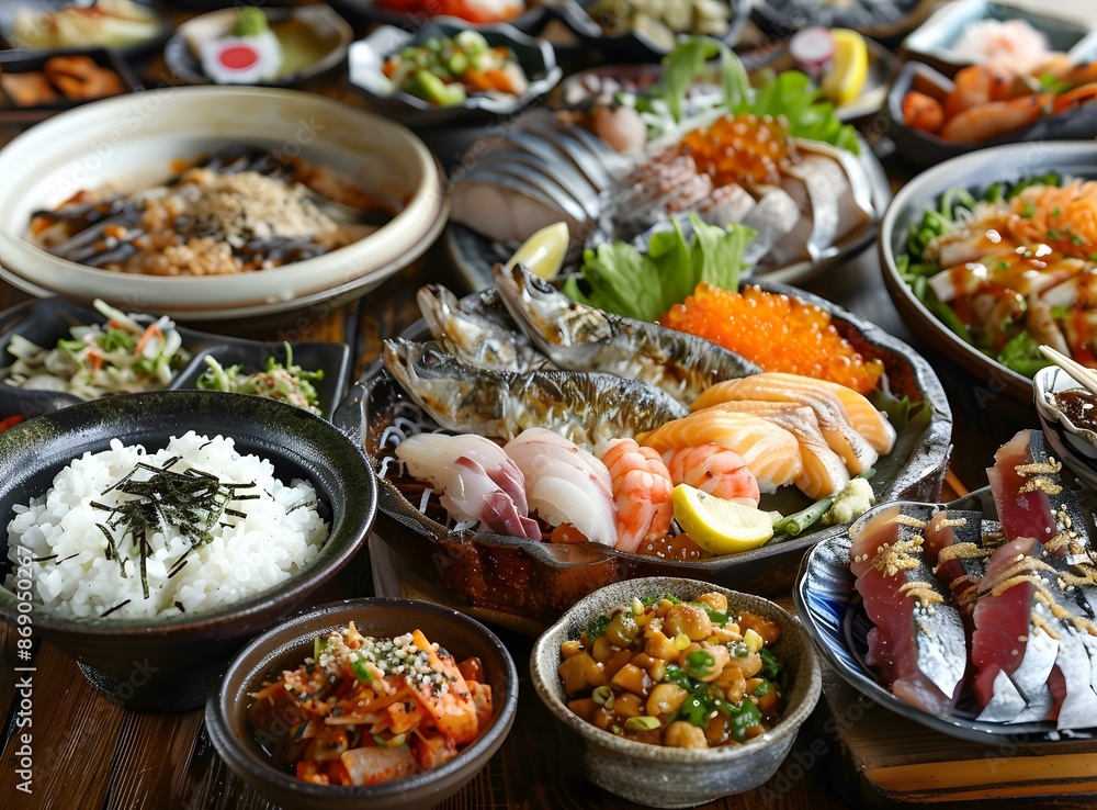 Assortment of Japanese Dishes on a Wooden Table Assortment of Japanese Dishes on a Wooden Table