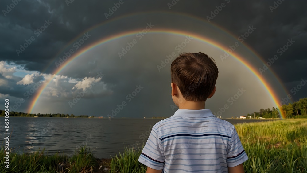 The joyous moment when a child spots their first double rainbow ai_generated