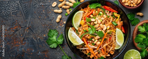 Authentic pad thai, lime slices, roasted peanuts, Thai street food, colorful dish, savory noodles, traditional recipe, fresh herbs garnish