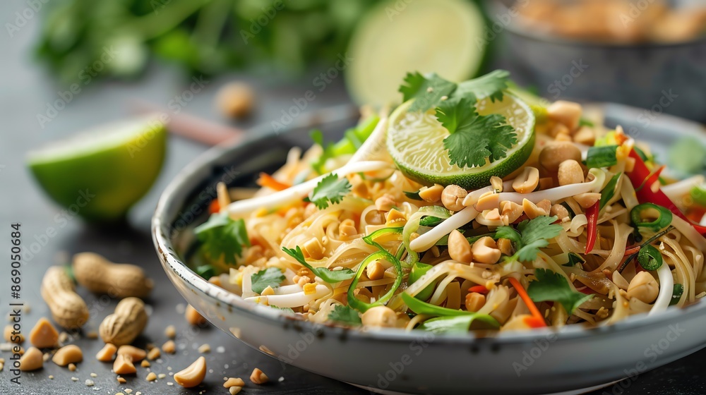 Delicious pad thai, lime garnish, crunchy peanuts, vibrant Thai dish, street food classic, wokfried noodles, authentic flavors, colorful presentation Delicious pad thai, lime garnish, crunchy peanuts, vibrant Thai dish, street food classic, wokfried noodles, authentic flavors, colorful presentation