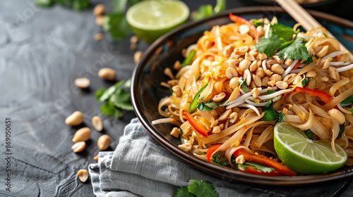 Delicious pad thai, lime garnish, crunchy peanuts, vibrant Thai dish, street food classic, wokfried noodles, authentic flavors, colorful presentation photo