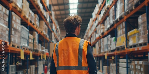 A worker in a high visibility vest is seen from the back, standing in a warehouse aisle surrounded by shelves filled with various boxes, packages, and products.