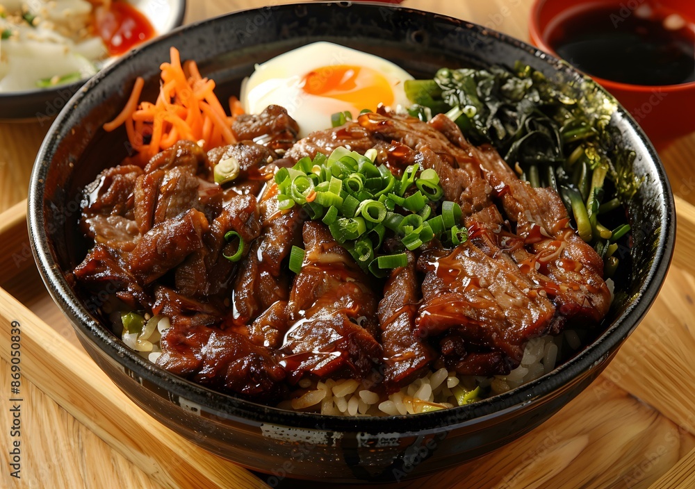 Beef rice bowl with egg and vegetables Beef rice bowl with egg and vegetables