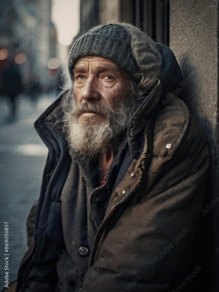 a homeless old man with a beard and hat on the street a homeless old man with a beard and hat on the street