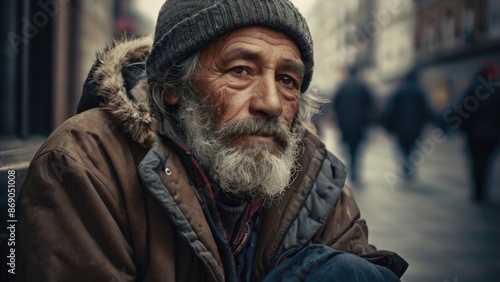 a homeless old man with a beard and hat on the street