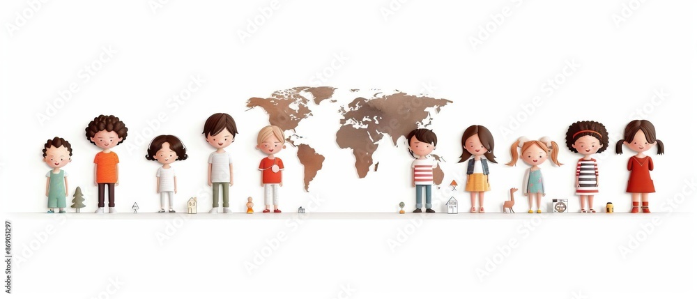 Illustration of diverse children standing in front of a world map, symbolizing global unity and cultural diversity. Illustration of diverse children standing in front of a world map, symbolizing global unity and cultural diversity.