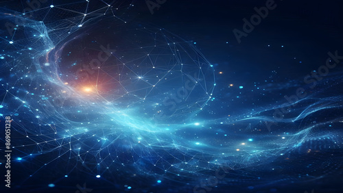 Blue abstract background with network grid and particles