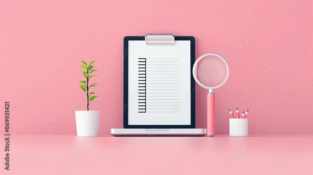 Minimalistic workspace with clipboard, magnifying glass, plant, and pencil on pink background, perfect for office or productivity concepts. Minimalistic workspace with clipboard, magnifying glass, plant, and pencil on pink background, perfect for office or productivity concepts.