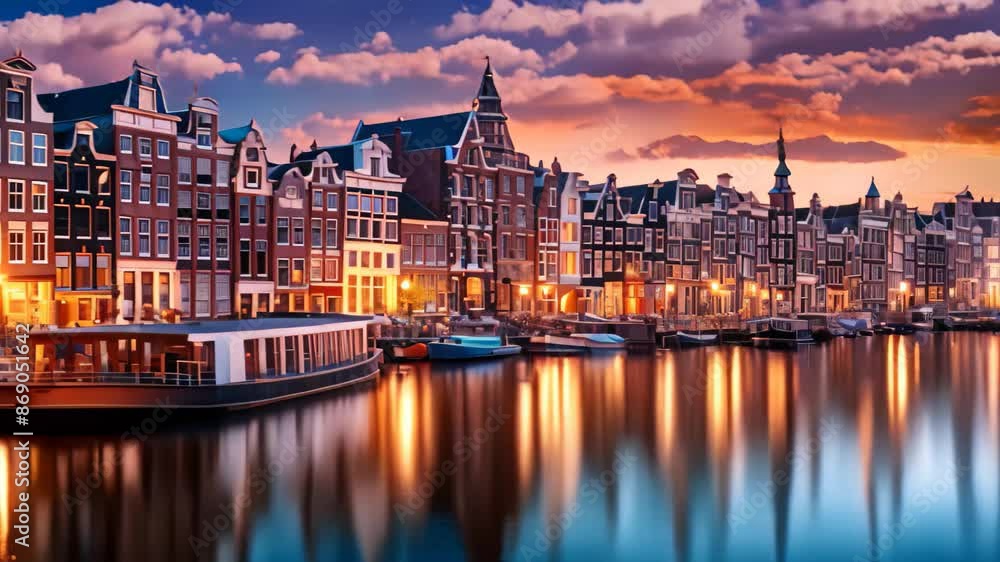 Cityscape of Amsterdam at sunset, Holland, Netherlands. Colorful houses and canals, Amsterdam Netherlands dancing houses over river Amstel landmark Cityscape of Amsterdam at sunset, Holland, Netherlands. Colorful houses and canals, Amsterdam Netherlands dancing houses over river Amstel landmark