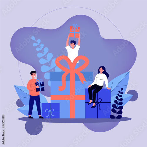 Loyal customers getting gifts and bonuses from store. Happy young people receiving gift boxes. Vector illustration for reward, loyalty program, promotion, marketing concept