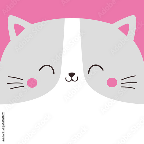 White gray kawaii cat smiling face head. Happy Valentines Day. Cute cartoon kitten animal. Funny baby kitty. Love card, banner, sticker print. Childish style. Flat design. Pink background. Vector