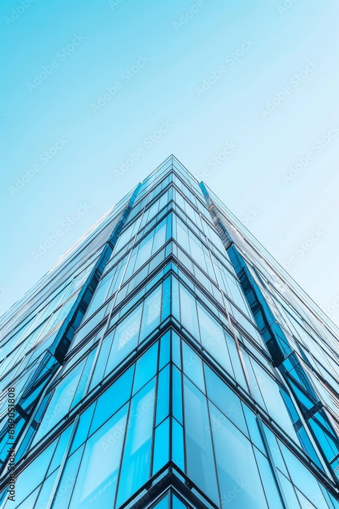 Close-up of a sleek and modern building facade against a clear blue sky, showcasing architectural elegance and urban sophistication Close-up of a sleek and modern building facade against a clear blue sky, showcasing architectural elegance and urban sophistication